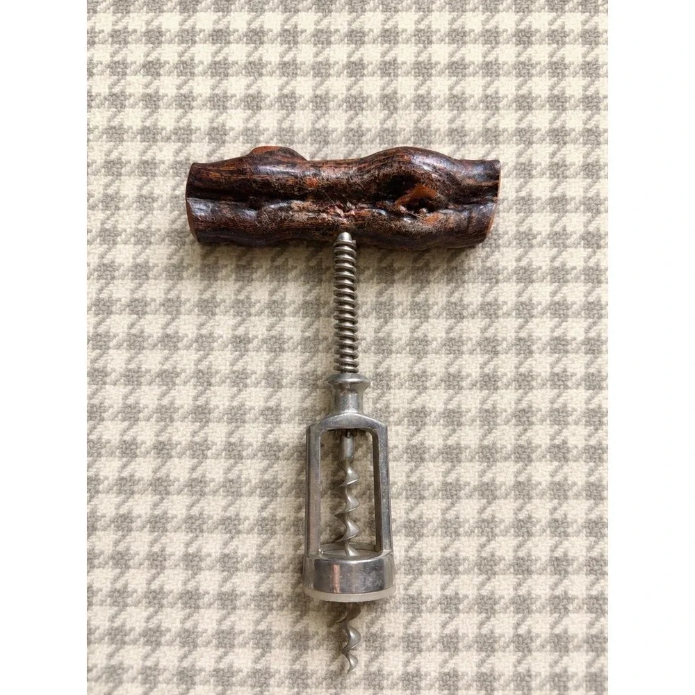 Vintage Corkscrew Natural Gnarled Root Wood Handle Open Bell Wine Bottle Opener